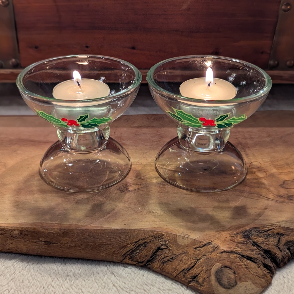 1981 Avon Glass Holly Tealight Candle Holders - Green & Red